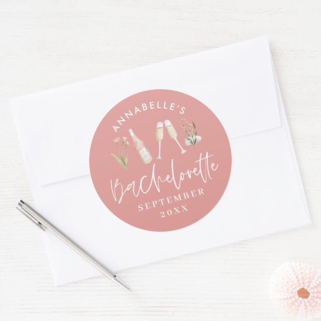 Pink girly floral champagne bachelorette stylish classic round sticker (Envelope)