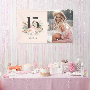 Pink girly floral photo elegant birthday banner