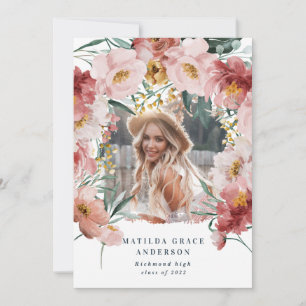 Pink girly floral photo graduation announcement