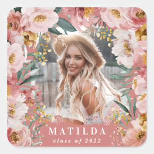 Pink girly floral photo graduation party elegant square sticker