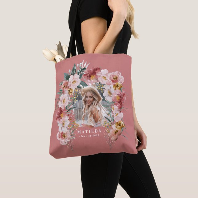 Pink girly floral photo graduation party elegant  tote bag (Close Up)