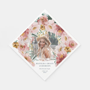 Pink girly floral photo graduation party napkin