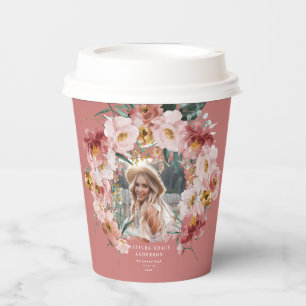 Pink girly floral photo graduation party paper cup
