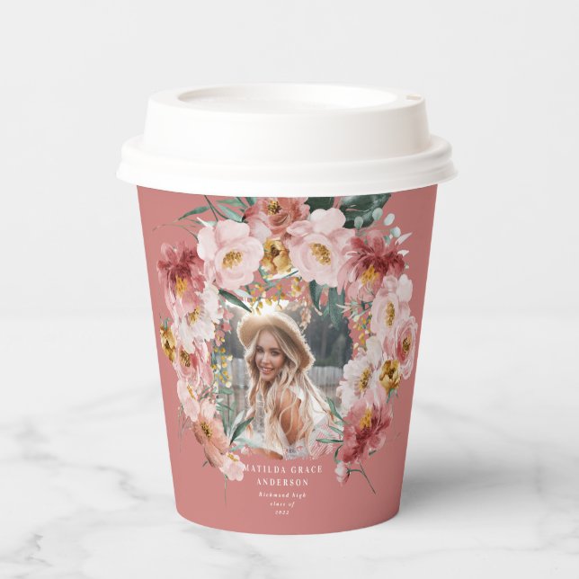 Pink girly floral photo graduation party paper cup (Front)
