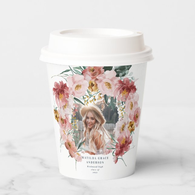 Pink girly floral photo graduation party paper cups (Front)