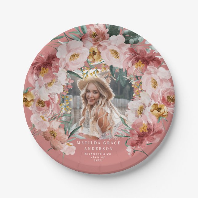 Pink girly floral photo graduation party  paper pl paper plate (Front)