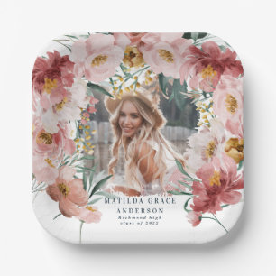 Pink girly floral photo graduation party paper plate
