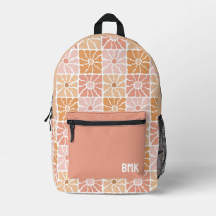 Pink Girly Floral Squares Groovy Monogram Printed Backpack