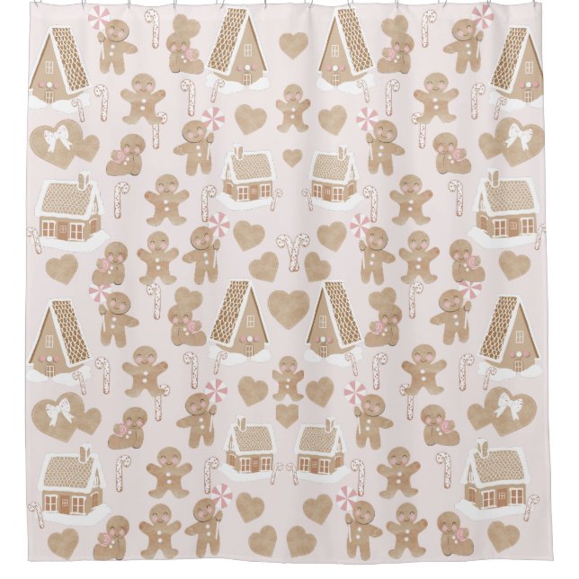 Pink! Girly Ginger bread Christmas  Shower Curtain (Front)