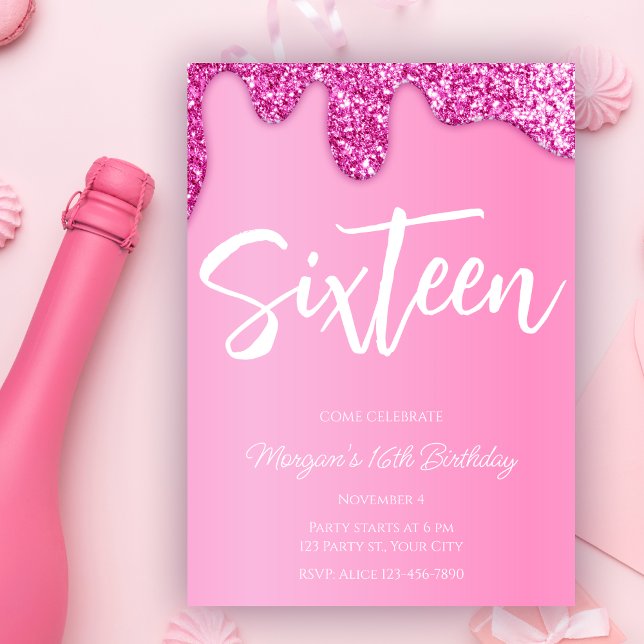 Pink Girly Glitter Sweet 16 Birthday Party Invitation (Creator Uploaded)