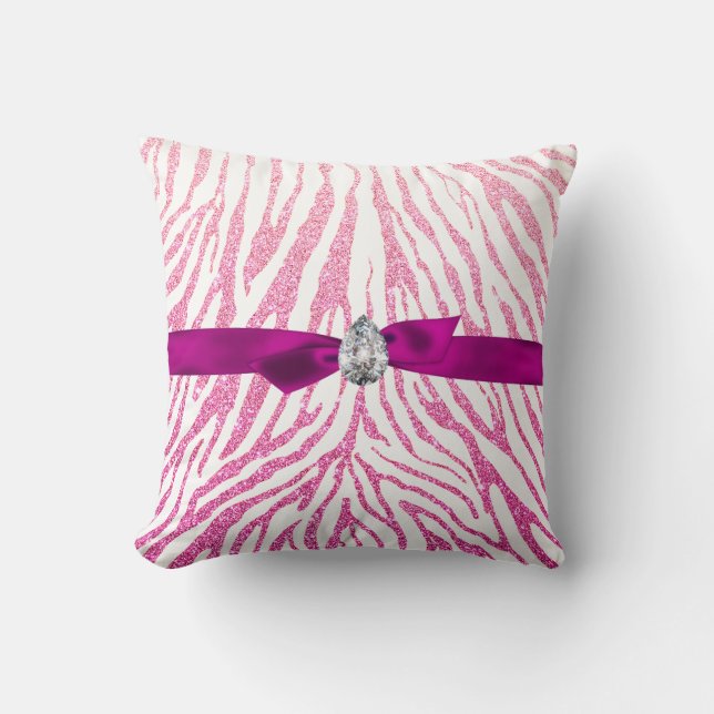 Pink Girly Glitter Zebra Pattern Ribbon Diamond Cushion (Front)