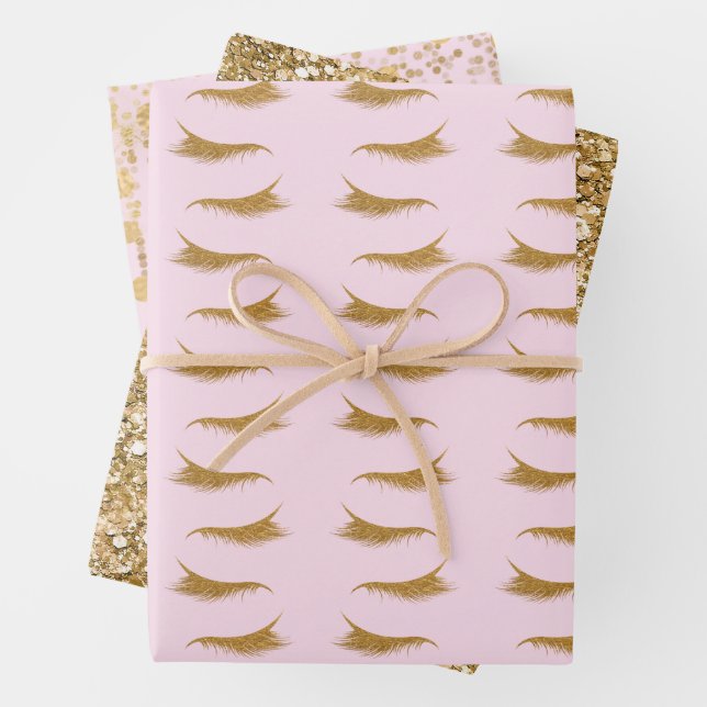 Pink Girly Gold Glam Glitter Eyelashes Wrapping Paper Sheet (In situ)