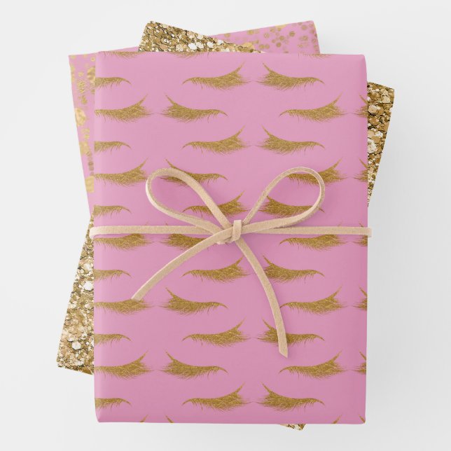 Pink Girly Gold Glam Glitter Eyelashes Wrapping Paper Sheet (In situ)
