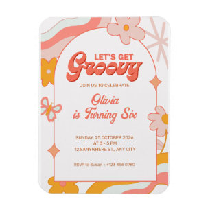 Pink Girly Groovy 6th Birthday Party Invitation Magnet