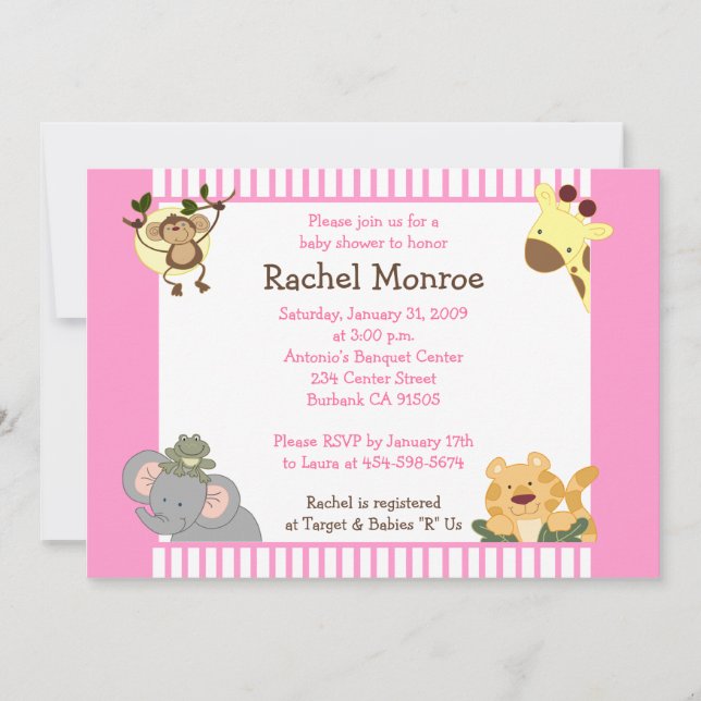 Pink Girly Jungle Safari Friends 5x7 Baby Shower Invitation (Front)