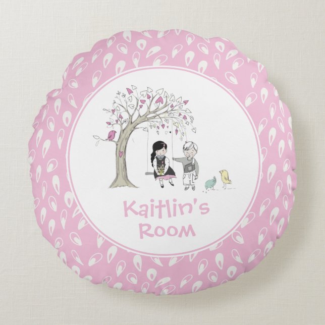 Pink Girly Kids Birds Tree Swing Personalised Round Cushion (Front)
