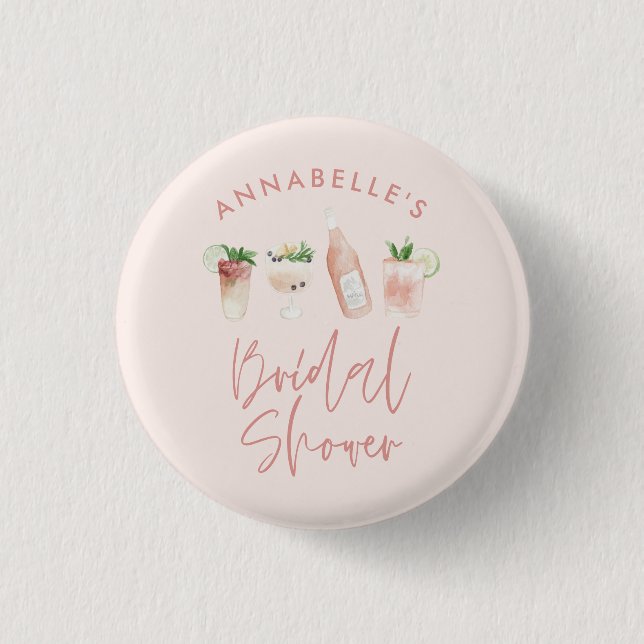 Pink girly modern cocktail script bridal shower 3 cm round badge (Front)