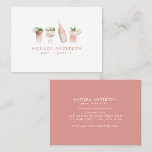 Pink girly modern drinks cocktail wine watercolor business card