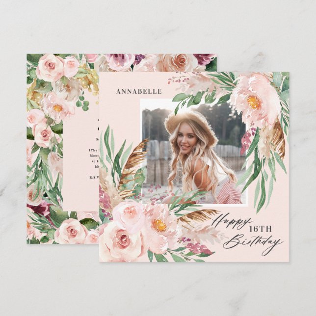 Pink girly modern elegant floral photo birthday invitation (Front/Back)