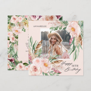 Pink girly modern elegant floral photo birthday invitation