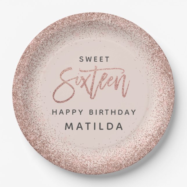 Pink girly modern glitter 16th birthday party paper plate (Front)