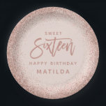 Pink girly modern glitter 16th birthday party paper plate<br><div class="desc">Pink girly modern rose gold glitter effect 16th birthday party decor. Part of a collection.</div>