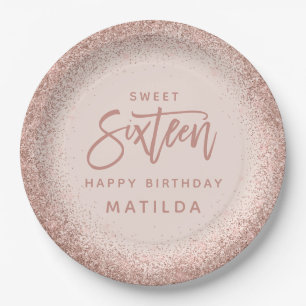 Pink girly modern glitter 16th birthday party paper plate