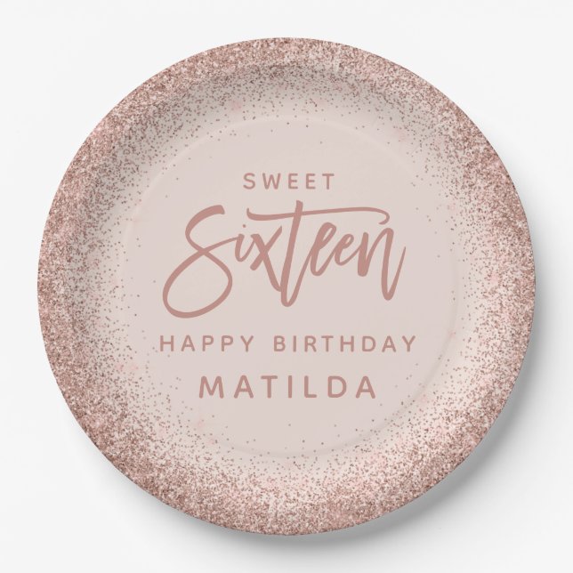 Pink girly modern glitter 16th birthday party paper plate (Front)