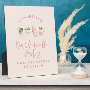 Pink girly modern script bachelorette sanitizer plaque