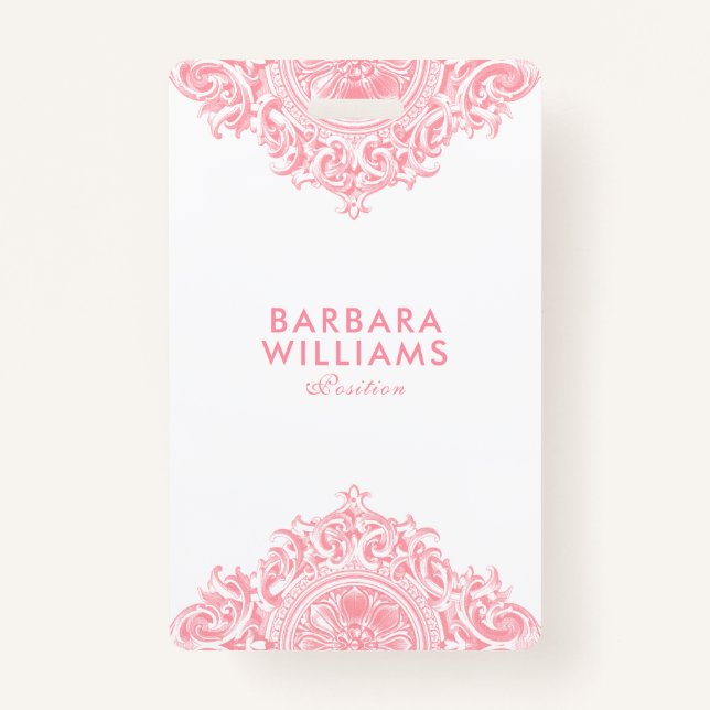 Pink Girly Ornate Ornament ID Badge (Front)