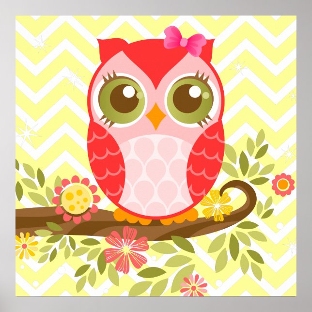 Pink Girly Owl Wall Poster (Front)