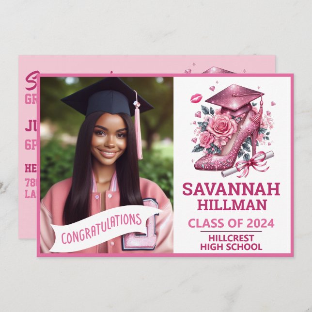 Pink Girly Photo Custom Luxury Graduation Invitation (Front/Back)