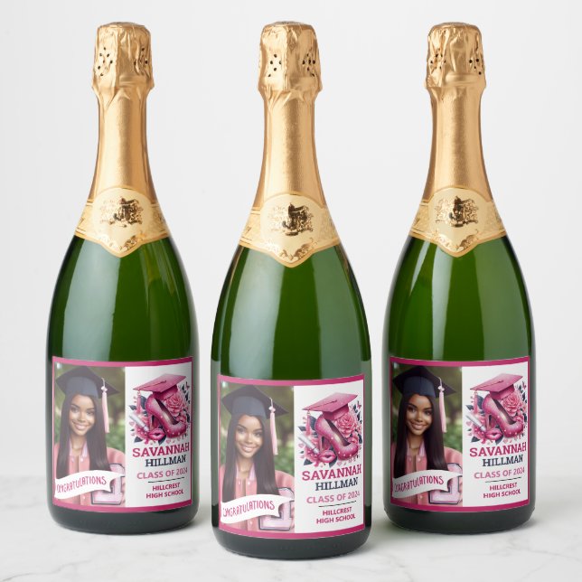 Pink Girly Photo Graduation Congratulations   Sparkling Wine Label (Bottles)