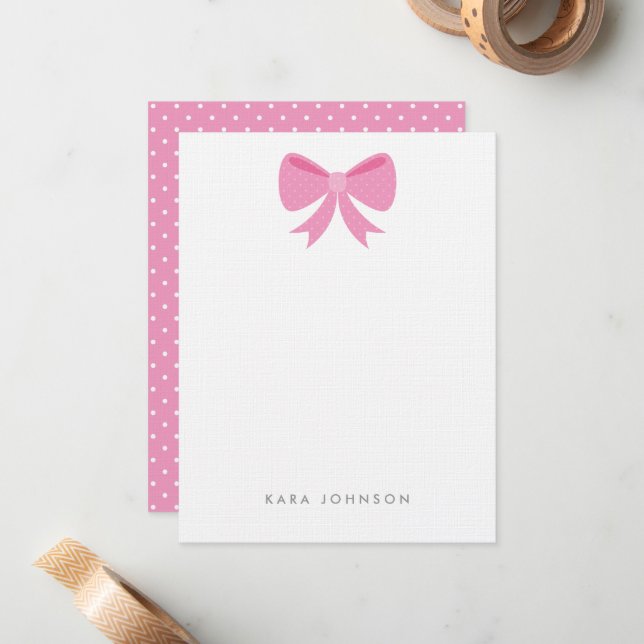 Pink Girly Polka Dot Bow Monogram Stationery Note Card (Front/Back In Situ)