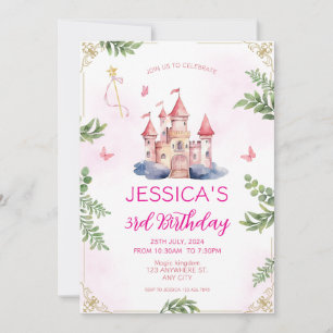 Pink Girly Princess Fairytale Girls Kids Birthday Invitation