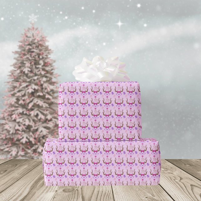 Pink Girly Reindeer Pattern Cute Mix Wrapping Paper (Creator Uploaded)