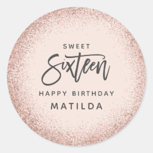 Pink girly rose gold glitter 16th birthday classic round sticker