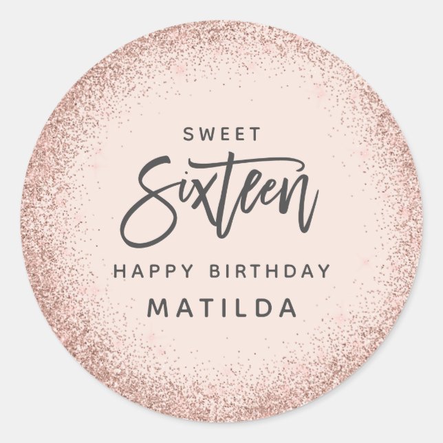 Pink girly rose gold glitter 16th birthday classic round sticker (Front)
