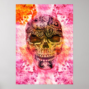pink girly skull on houndstooth background poster