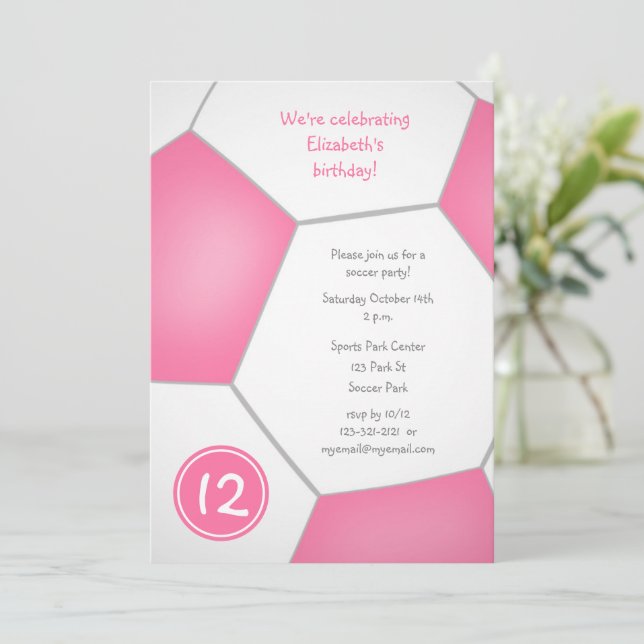 pink girly soccer birthday party invitation (Standing Front)