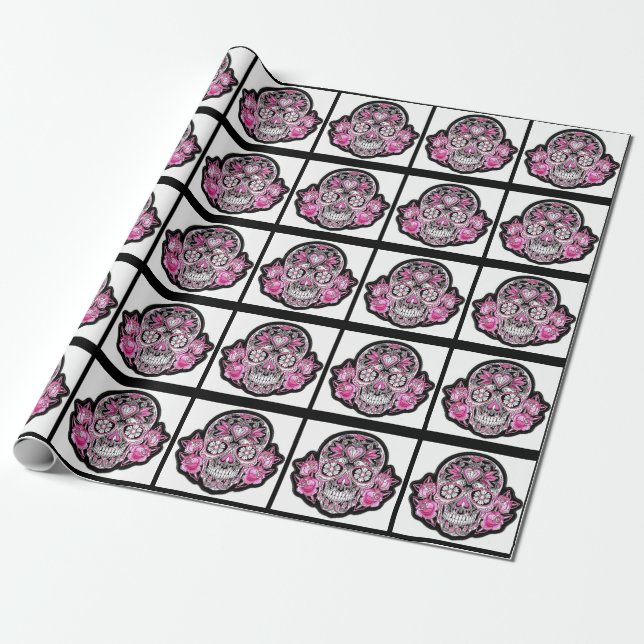 Pink Girly Sugar Skull Wrapping Paper (Unrolled)