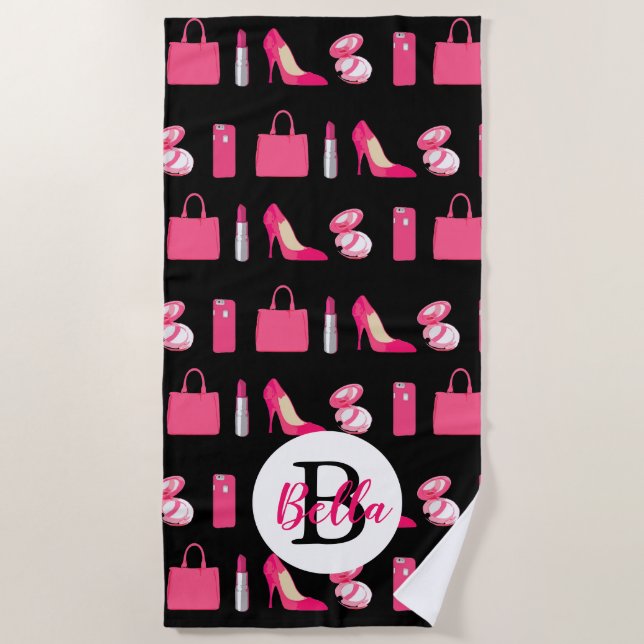 Pink girly things--heels purses makeup design beach towel (Front)