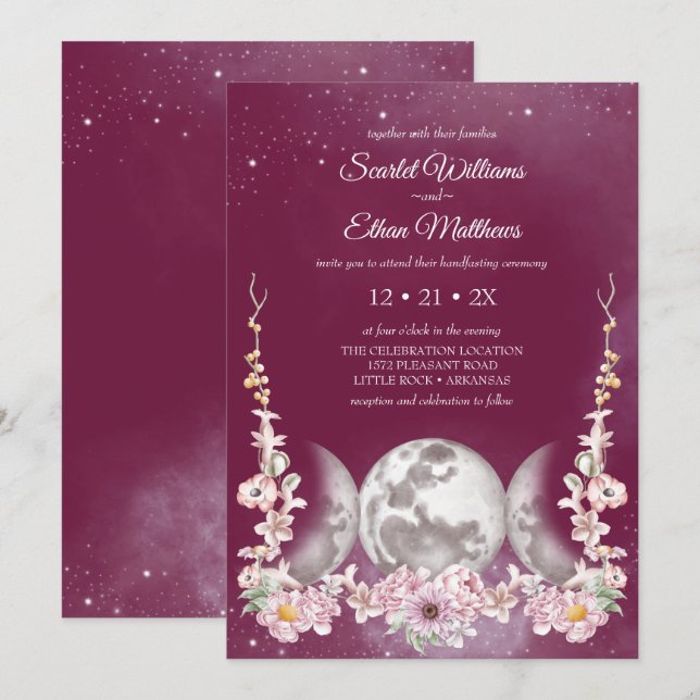 Pink Girly Triple Moon Floral Starry Handfasting Invitation (Front/Back)