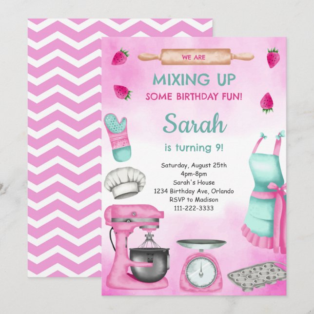 Pink Girly Watercolor Baking Birthday Invitation (Front/Back)
