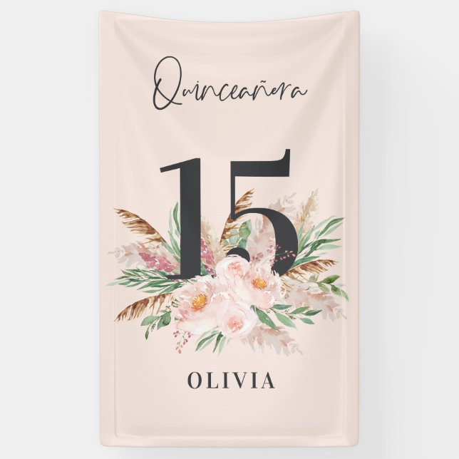 Pink girly watercolor floral age elegant birthday banner (Vertical)
