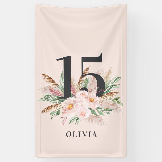 Pink girly watercolor floral age elegant birthday banner (Vertical)