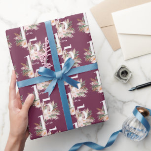 Pink girly watercolor floral age elegant birthday wrapping paper