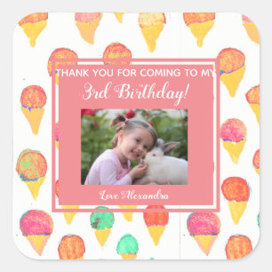 Pink Girly Watercolor Ice Cream Party Thank You Square Sticker