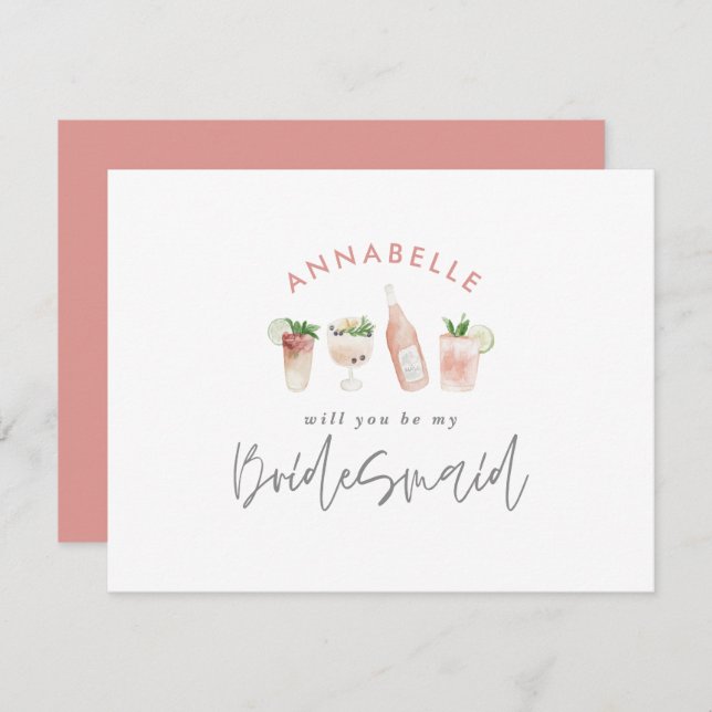 Pink girly watercolor painted drinks bridesmaid invitation (Front/Back)