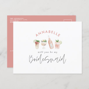 Pink girly watercolor painted drinks bridesmaid invitation postcard